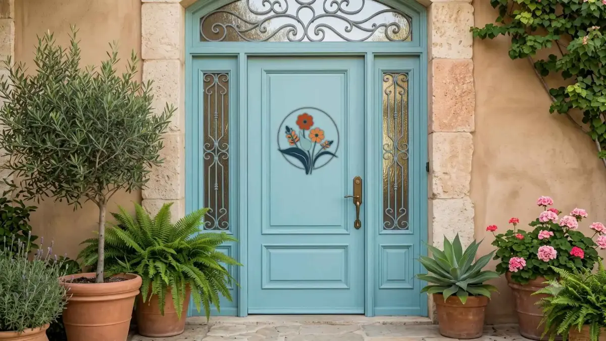 דלת כניסה תכלת מעוטרת — BLOOM